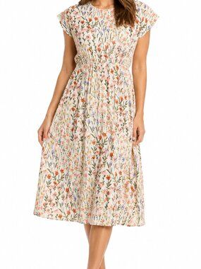 White Spring Floral Midi Dress with Cap Sleeves